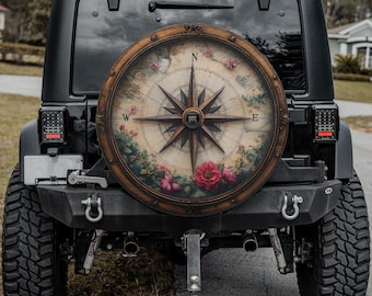 spare tire cover compass classic wooden Antique vibe flowers  for Jeep Ford Bronco Mercedes Land Rover Land Cruiser GIFT for off-road lovers