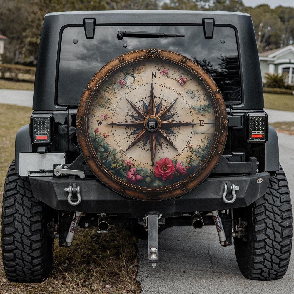 spare tire cover compass classic wooden Antique vibe flowers for Jeep Ford Bronco Mercedes Land Rover Land Cruiser GIFT for off-road lovers