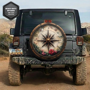 spare tire cover compass classic wooden Antique vibe flowers  for Jeep Ford  GIFT for off-road lovers, heavy-duty vinyl, PVC, or Fabric