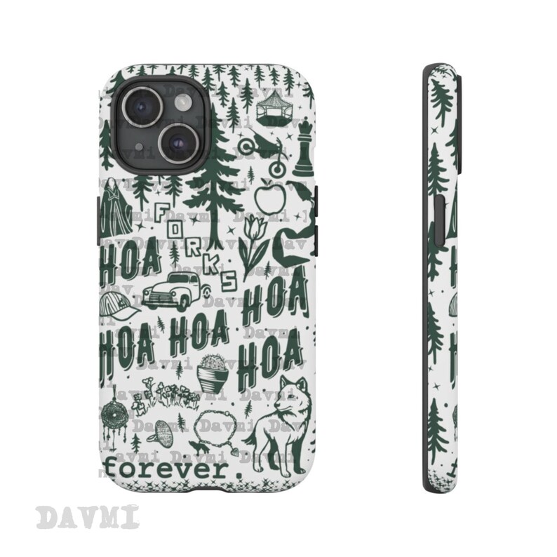 May include: A white phone case with a dark green pattern featuring trees, a wolf, and the text "HOA forever." The case has a camera cutout and a side view showing a repeating tree design. The case is designed for a smartphone.