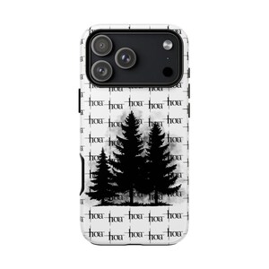May include: A white phone case featuring a black silhouette of three pine trees against a misty background. The case has a repeating pattern of the word "hoa" in a black, stylized font. The phone case has a camera module.
