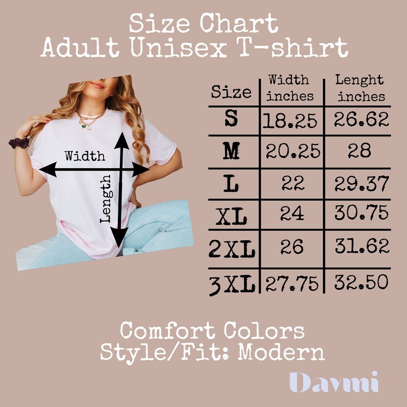 K&ouml;nnte beinhalten: Gr&ouml;&szlig;entabelle f&uuml;r Unisex-T-Shirts f&uuml;r Erwachsene. Die Tabelle zeigt die Breite und L&auml;nge in Zoll f&uuml;r die Gr&ouml;&szlig;en S, M, L, XL, 2XL und 3XL. Die Tabelle enth&auml;lt auch den Text "Comfort Colors" und "Style/Fit: Modern".