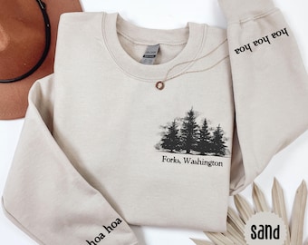 hoa hoa hoa sweatshirt, twilight inspired sweatshirt, forks sweatshirt, sweater weather, cozy season crewneck, sleeve print