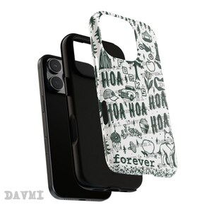 May include: A black phone case with a white overlay featuring a green and black outdoor-themed design. The design includes text that says "HOA FOREVER" and illustrations of a truck, trees, and a wolf.