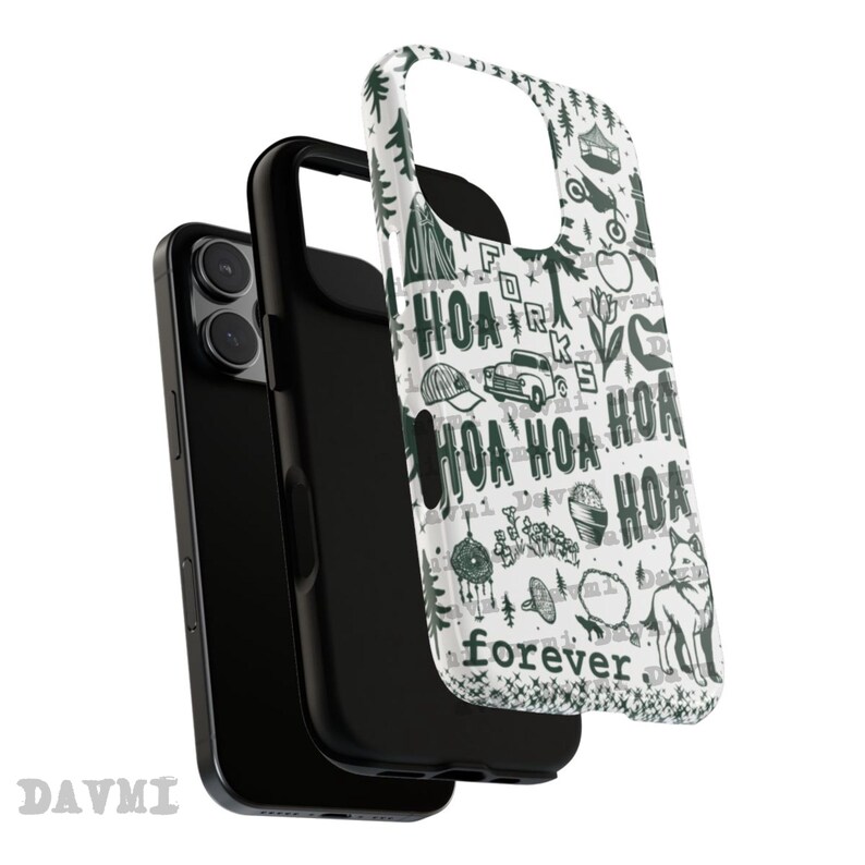 May include: A black phone case with a white overlay featuring a green and black outdoor-themed design. The design includes text that says "HOA FOREVER" and illustrations of a truck, trees, and a wolf.