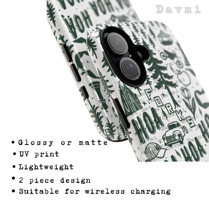 May include: White phone case with a forest-themed pattern in dark green. The design includes trees, a vintage car, and the text "FOR HOAKS". The case is lightweight and suitable for wireless charging.