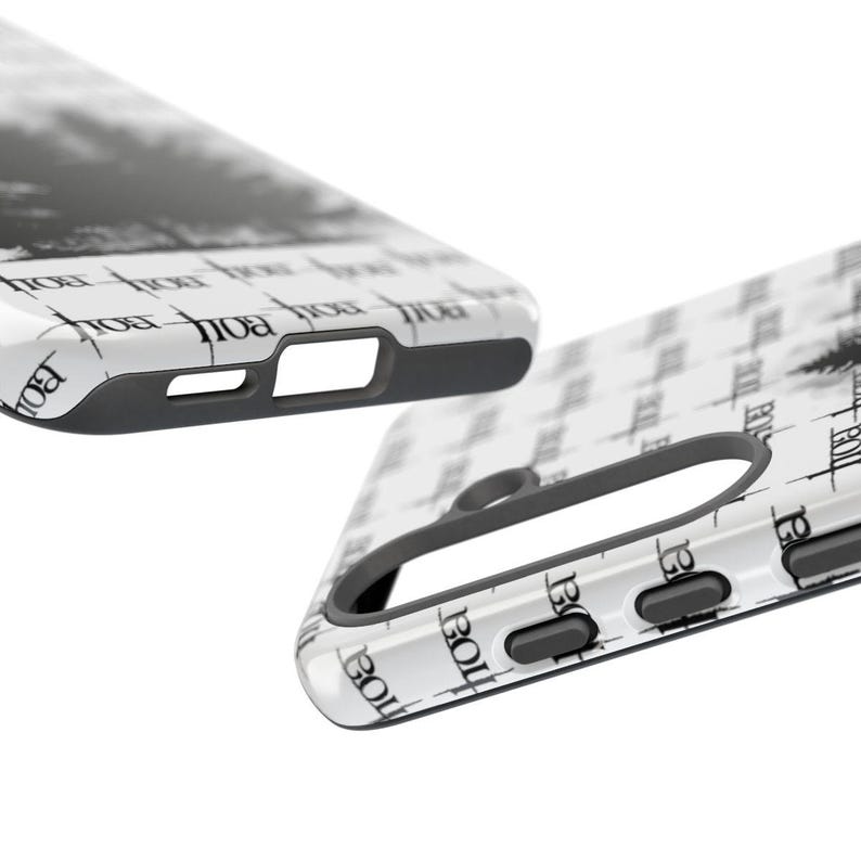May include: Two white phone cases with a black and white design. The cases have a repeating pattern of the word "BOLL" in a stylized font. The cases have black edges and cutouts for the phone's features.