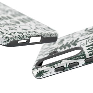May include: Two white and green phone cases with a nature-themed pattern. One case is angled, showing the side with the button and port cutouts. The other case is angled, showing the side with the camera cutout. The word "forever" is visible on one case.