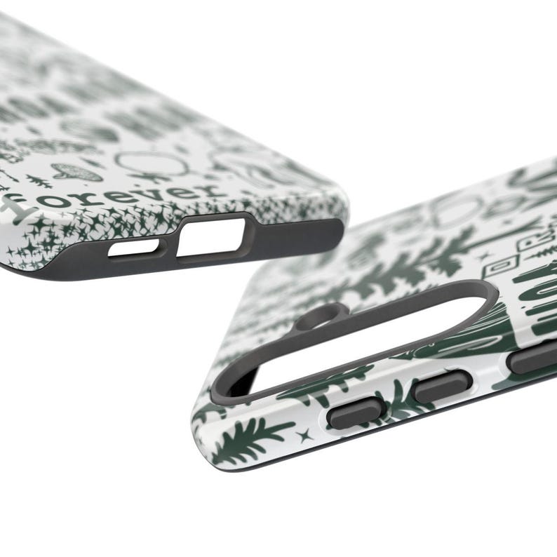 May include: Two white and green phone cases with a nature-themed pattern. One case is angled, showing the side with the button and port cutouts. The other case is angled, showing the side with the camera cutout. The word "forever" is visible on one case.