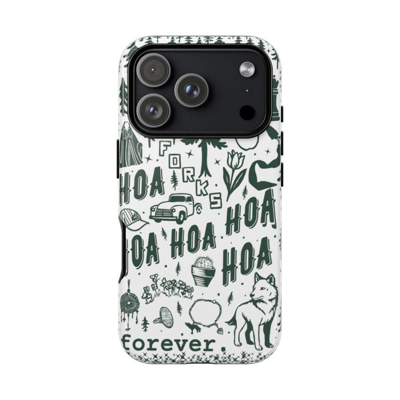 May include: A white phone case with a dark green pattern featuring the text "HOA" repeated, along with illustrations of a car, wolf, flowers, and the word "forever."