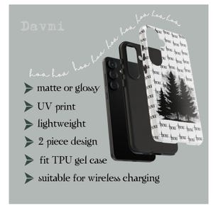 May include: A black phone case with a forest silhouette design. The case is shown in two pieces, with the phone inside. The text on the case says "Davmi", "matte or glossy", "UV print", "lightweight", "2 piece design", "fit TPU gel case", and "suitable for wireless charging".
