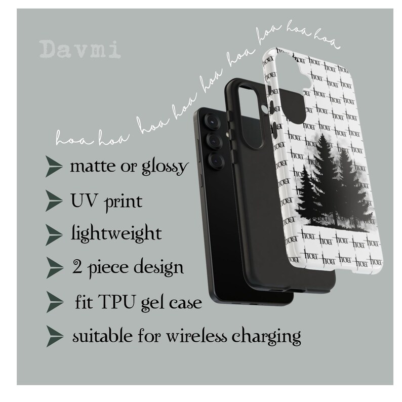 May include: A black phone case with a forest silhouette design. The case is shown in two pieces, with the phone inside. The text on the case says "Davmi", "matte or glossy", "UV print", "lightweight", "2 piece design", "fit TPU gel case", and "suitable for wireless charging".