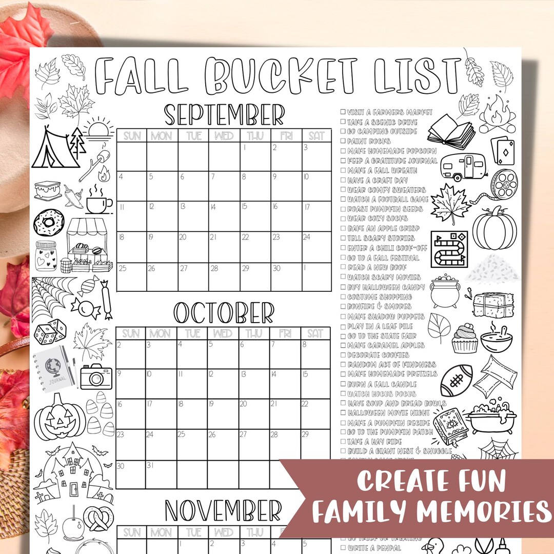 2025 Giant Fall Coloring Poster, Printable Bucket List Calendar, Fall ...