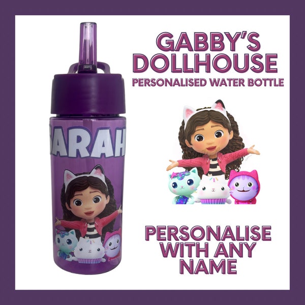 Personalised water bottle, Gabby’s Dollhouse water bottle, Gabby, cakey, catrat, DJ catnip custom kids bottle, Gabbys dollhouse, BPA free