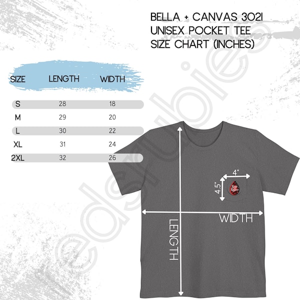 Bella+Canvas 3021 Pocket Tee Sizing Chart, Bella + Canvas Unisex Custom Size Charts, BC3021 Pocket Tees For Men & Women