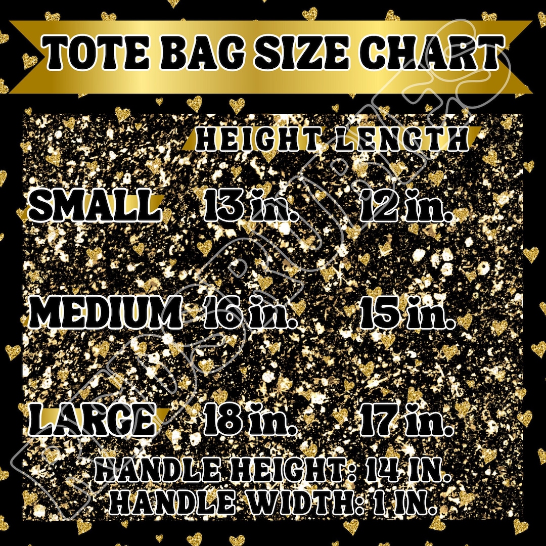 Generic Brand AOP Tote Bag Size Chart, Black Gold Glitter All Over