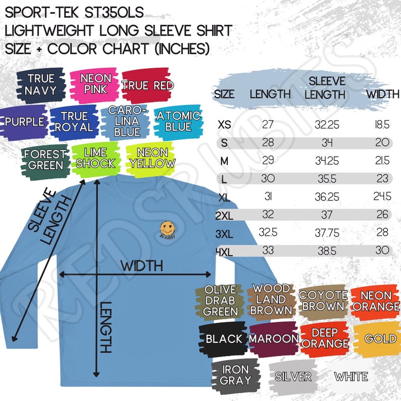 Sporttek ST350LS Size Color Chart, Lightweight Long Sleeve Tee Shirt