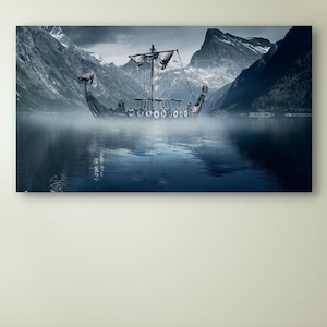 Viking Ship in Misty Fjord with Snow Capped Mountains in Background, Vikings Ship Canvas Print, Viking Ship Wall Art Poster, Home Decor