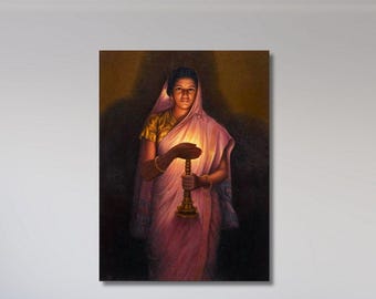 Raja Ravi Varma Wall Art Canvas Print: Lady With Lamp Poster, Ready to Hang