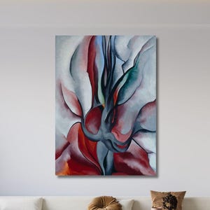 May include: A vertical rectangular canvas painting featuring abstract, flowing organic shapes in shades of deep red, dark blue, and soft grey. The composition displays curved, petal-like forms that overlap and intertwine, creating a sense of movement and depth across the entire surface of the artwork.