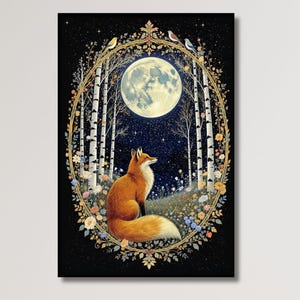 William Morris Fox Wall Art Canvas Print, William Morris Style Wall Decor Poster, William Morris Fox and Moon, Animal Poster, Home Decor