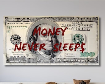 Money Never Sleeps Wall  Art Canvas Print: Inspirational Dollar Poster, Ready to Hang