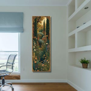 Stampa verticale sulla natura: poster da parete su tela con albero alto e montagna, decorazione per la casa