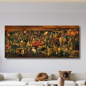 May include: A large, rectangular canvas print of a historical painting depicting a gathering of numerous figures in various attire. The artwork features a warm color palette with detailed figures and a central table.
