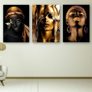Black Woman Set Of 3 Wall Decor, Black African American Woman Canvas Print, Black and Gold Wall Art, Gold Lip Woman, Black Woman Painting
