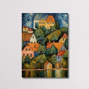 Stampa artistica su tela ispirata a Gustav Klimt, poster vintage del villaggio, opere d&#39;arte di Gustav Klimt, stampe artistiche di Gustav Klimt, arte vintage, arredamento per la casa