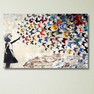 Banksy Wall Art, Graffiti Wall Art Colorful Butterfly Girl Canvas Wall Art Banksy Canvas Wall Art,Graffiti Art,Banksy Canvas Home Street art