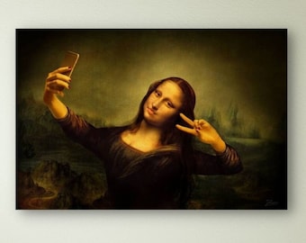 Mona Lisa selfie Wall Art, Eclectic Wall Art, Mona Lisa Selfie Canvas Poster Wall Art Print, Mona Lisa Wall Decor, Ready To Hang, Home Decor
