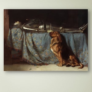 Briton Rivière, Requiescat dog painting 1888 Wall Art Canvas, Portrait of Dog in Morning of Night Art Painting Reproduction,Vintage Art