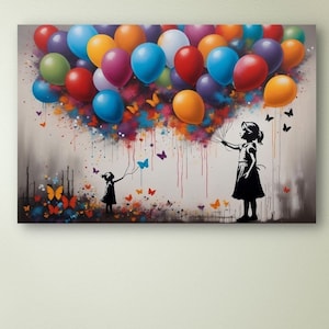 Arte mural de Banksy, arte mural de grafiti, chica colorida con globos, arte mural en lienzo, arte mural en lienzo de Banksy, arte de grafiti, decoración del hogar en lienzo de Banksy
