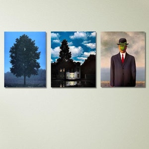 Conjunto de 3 impressões de René Magritte, arte em tela de René Magritte, pôster de Magritte, arte de parede surrealista, impressão de Magritte, reprodução em tela para decoração de casa