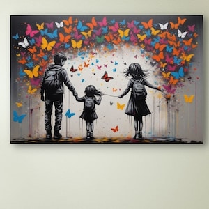 Arte mural de Banksy, arte mural de grafiti, lienzo de mariposa colorida, arte mural de Banksy, arte mural de grafiti, decoración del hogar de Banksy.