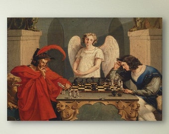 Faust And Mephistopheles Playing Chess Canvas Framed Print Frederich August Moritz Faust And Mephistopheles Playing Chess