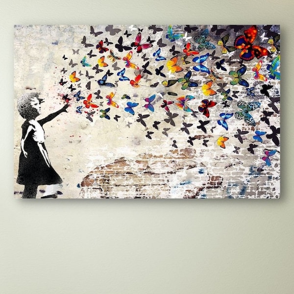 Banksy Wall Art, Graffiti Wall Art Colorful Butterfly Girl Canvas Wall Art Banksy Canvas Wall Art,Graffiti Art,Banksy Canvas Home Street art