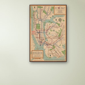 Kaart van de metro van New York City Subway-kaart van New York Vintage kaart hersteld kleine lettertjes op poster of canvas print New York City canvas print decor