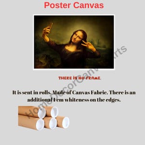 The image is a poster canvas featuring a painting of a woman taking a selfie with a cell phone. The text below the image states that it is sent in rolls and made of Canvas Fabric, and there is an additional 1 cm whiteness on the edges.