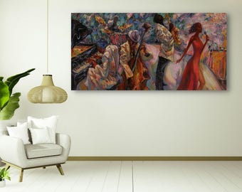 Abstracte jazz muurkunst canvasafdruk: saxofoon, piano, muziek muurdecoratie