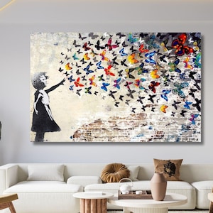 Banksy Wall Art, Graffiti Wall Art, Ragazza con farfalla colorata, Tela Wall Art, Banksy Canvas Wall Art, Graffiti Art, Tela Home Street art