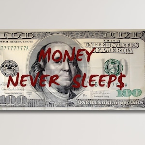 Money Wall Art Canvas Print, Money Never Sleeps Inspirational Dollar Artwork Poster Print, Painting Framed, Money Wall Decor, Home Decor