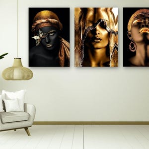 Black Woman Canvas Print Set: Gold Lips, African American Art