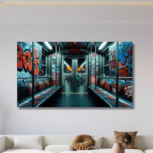 Subway Car in Graffiti Canvas Print, Underground Wall Art, Urban Street Art Canvas, Metro Graffiti Painting, Home Decor, Metro Canvas Poster