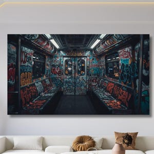 Subway Car in Graffiti Canvas Print, Underground Wall Art, Urban Street Art Canvas, Metro Graffiti Painting, Home Decor, Metro Canvas Poster