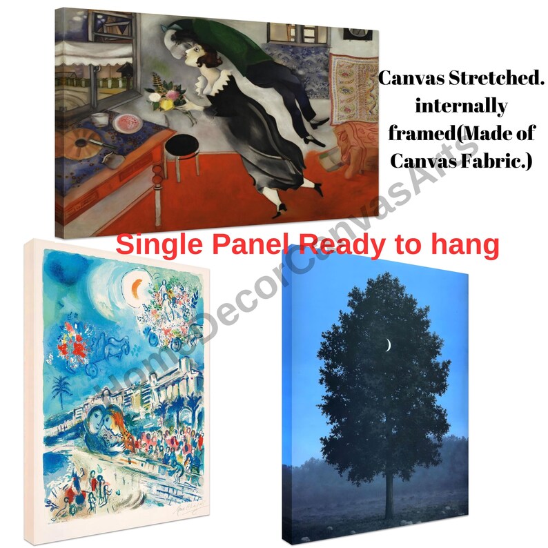 The image is a collage of three canvas prints, each depicting different scenes. The first print shows a woman in a black dress and white hat, the second print depicts a woman in a white dress, and the third print features a tree with a crescent moon.