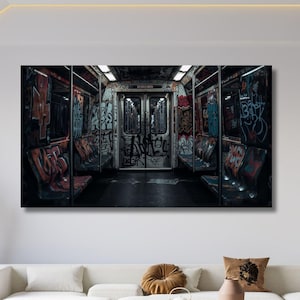 Subway Car in Graffiti Canvas Print, Underground Wall Art, Urban Street Art Canvas, Metro Graffiti Painting, Home Decor, Metro Canvas Poster