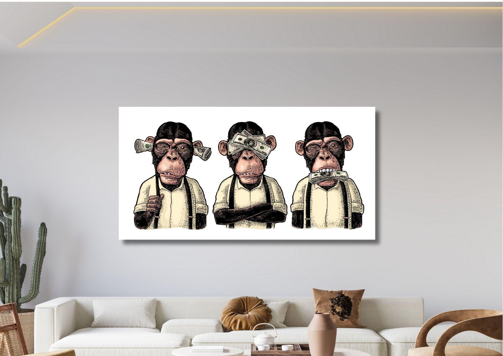 Three Wise Monkeys Wall Art Canvas Print: Funny Characters Wall Decor