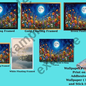 a collection of five framed pictures depicting a night scene with a full moon, flowers, and a starry sky. The pictures are arranged in a grid format, with each row representing a different frame. The frames vary in size and color, showcasing the diversity of the artwork. The text in the image provides information about the different framing options available for the artwork, including the types of frames and their respective sizes.